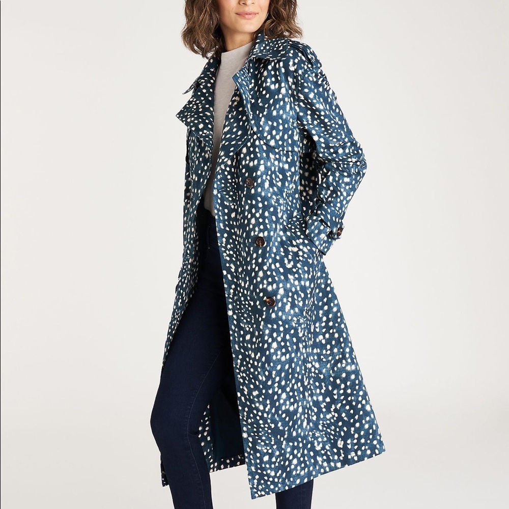 NEW NWT Ann Taylor Spotted Modern Trench Coat, Midnight Spruce, Dark Teal, S